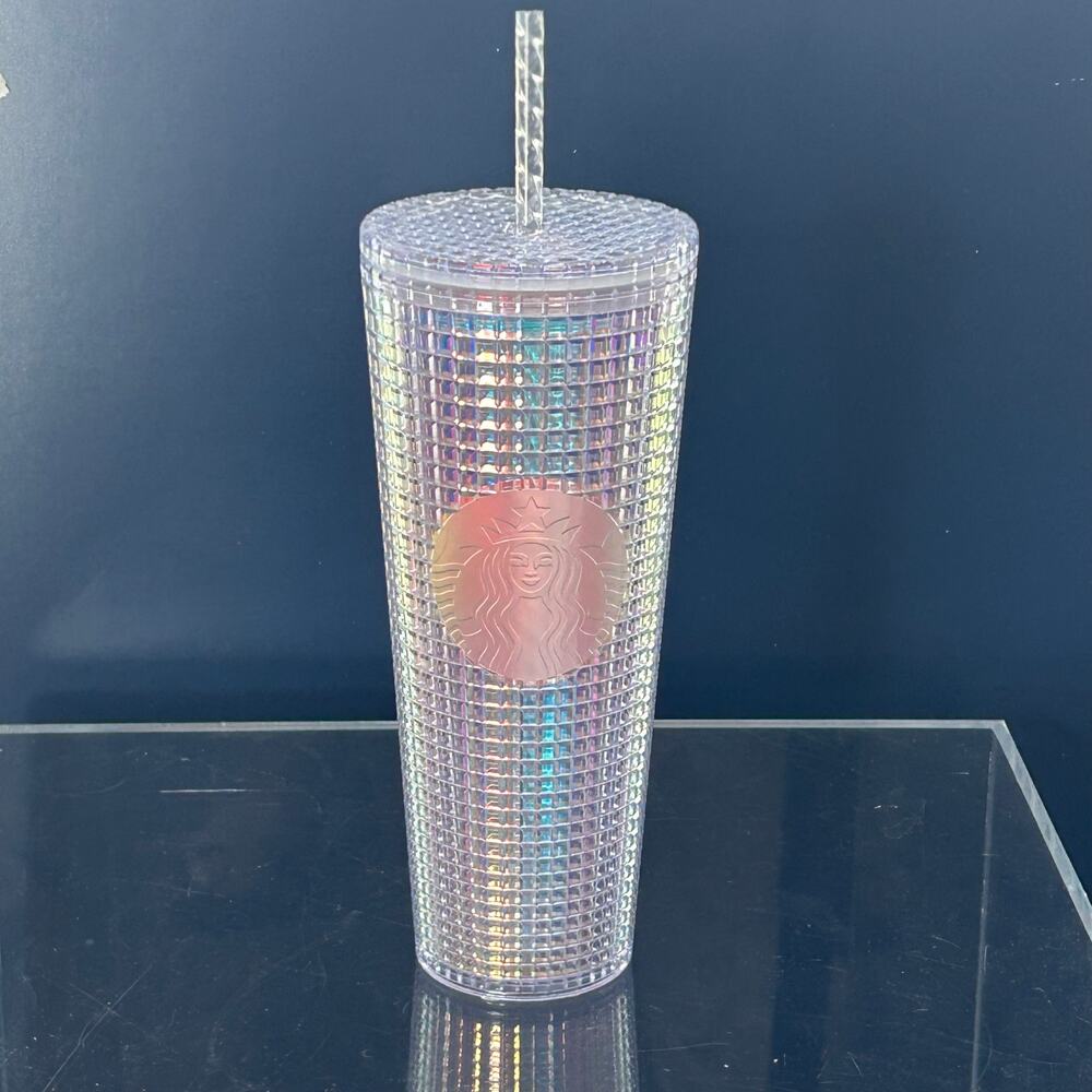 Starbucks Studded Tumbler 24oz Iridescent Grid Cold Cup w Straw